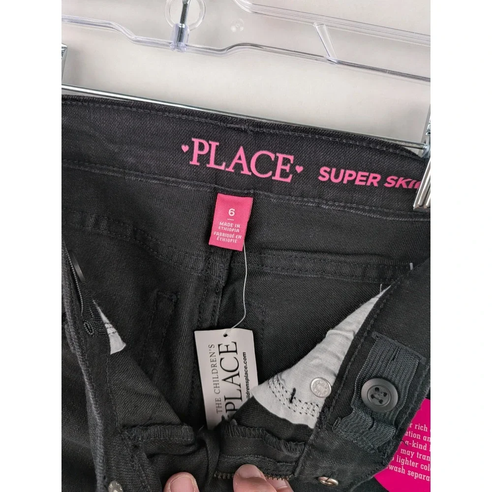 The Childrens Place Girls Super Skinny Jeans Black Denim Size 6 Adjustable Waist